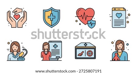 A collection of eight vibrant flat design icons representing various aspects of healthcare, medical insurance, and patient care, featuring symbols like hands holding a heart, a medical shield, a heart with an ECG, a health document, a female pharmacist, a medical professional with a report, a digital diagnostic screen, and a caregiver with a child.   