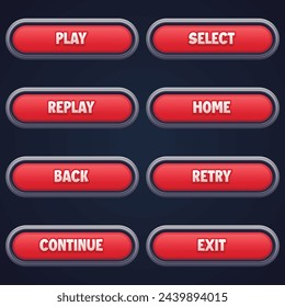A collection of eight vibrant red button designs with various game-related words on a dark background