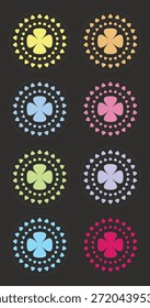 Una colección de ocho vibrantes y estilizados tréboles de cuatro hojas o motivos florales dispuestos en un patrón ovalado de Pequeñas Formas de corazón, sobre un fondo oscuro y degradado. Los colores incluyen amarillo, naranja, azul claro, rosa, verde claro, púrpura claro, azul brillante y rojo intenso. Esta Ilustración vectorial es adecuada para fines decorativos, como tarjetas de felicitación, invitaciones, álbumes de recortes, gráficos de Web y diseño textil. 