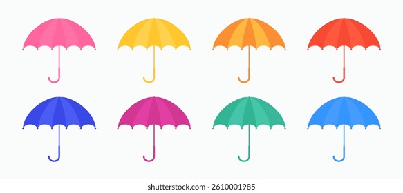 Collection of eight vibrant umbrellas in various colors, shown in flat vector style. Ideal for seasonal, fashion, or weather-related designs, isolated on white background