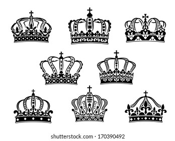 Collection of eight vintage heraldic royal crowns logo of different ornate shapes and calligraphic designs in black on a white background. Rasterized version also available in gallery