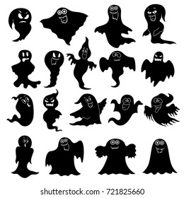 Collection of eighteen amusing flying black ghost stencils with various characters isolated on a white background, cartoon Halloween vector illustration