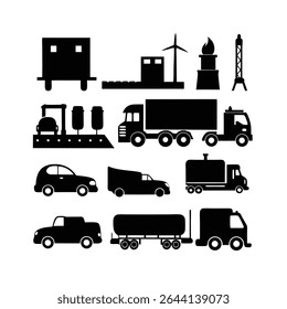 A collection of eighteen black silhouettes depicting various vehicles including cars, trucks, and tankers alongside industrial structures