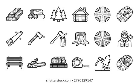 A collection of eighteen black and white hand drawn sketch icons depicting forestry industry logging tools trees wood products and a lumberjack