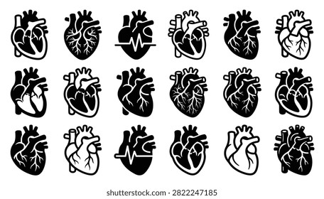 A collection of eighteen black and white vector icons representing various anatomical human heart shapes and cardiological symbols.