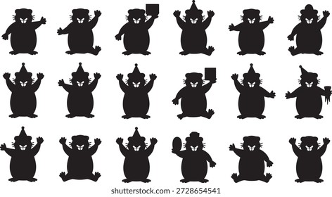 Collection of eighteen different cartoon cat silhouettes wearing various hats and poses depicted in black on a white background perfect for creative design projects.