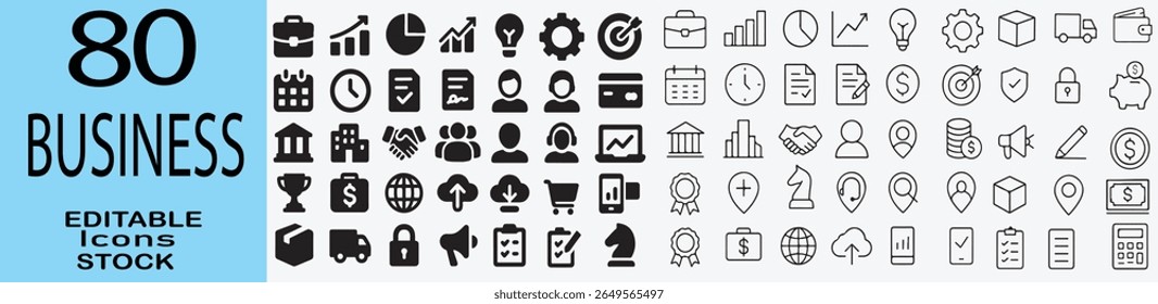 Collection of eighty editable business icons for digital and print use,  Modern Black and White Line Art Style Stock Vector Graphics for Website and App Design