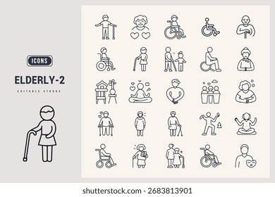Collection of Elderly Care and Support Icons Representing Assistance and Well-being White Background.