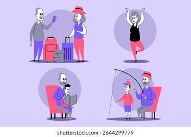 Collection of elderly family members engaged in various activities. One couple preparing for travel, while others reading, dancing, and fishing, creating joyful moments