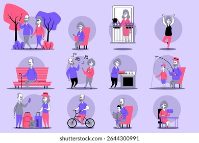 Collection of elderly individuals enjoying diverse activities, including walking, cooking, exercising, and socializing. Vibrant lives and interactions concept