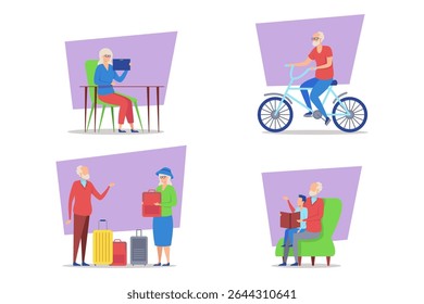 Colección de personas mayores que participan en actividades como el uso de la tableta, el ciclismo, viajar con equipaje y leer con niños. Actividades para un concepto de estilo de vida vibrante