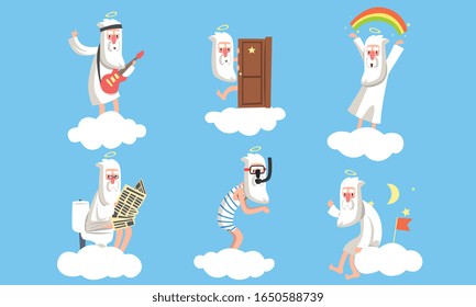 Collection of Elderly Male Angel Comic Character in Different Situations, Activity of Holy Funny Old Man on Heaven Vector Illustration