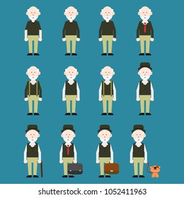 Collection of elderly men bald characters on blue blackground.flat design vector illustration