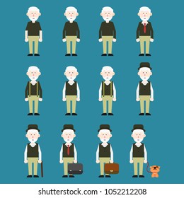 Collection of elderly men characters on blue blackground.flat design vector illustration