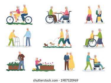 A collection of elderly white-haired people performing various activities. Walking with your pet, cycling, shopping, playing chess, gardening. Disabled pensioners in a wheelchair and with a stick.