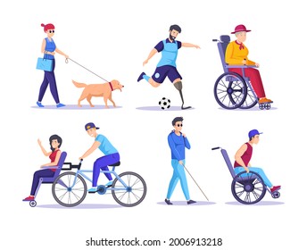 Colección de personas mayores y jóvenes con discapacidad. Hombres y mujeres discapacitados que realizan actividades deportivas y de estilo de vida. Ceguera, piernas amputadas, miembros paralizados, lesiones físicas, vector plano envejecido