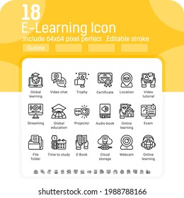 Collection of elearning icon with line style isolated on white background. Vector illustration online education, webinar sign symbol icon which can easily editable stroke. Include 64x64 pixel perfect