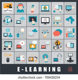 Collection of e-learning icons. Icons of distance learning, cloud computing, online learning and e book.