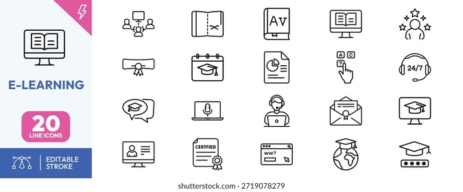 Collection of e-learning icons for online courses and educational resources
