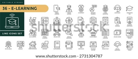  A collection of E-Learning icons set with editable stroke, including mobile learning, achievment, student feedback, global education, audio book, graduation cap, etc. Thin linear vector illustration