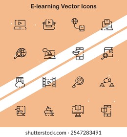 Coleção de ícones de e-learning mostrando ferramentas de educação on-line e aprendizagem digital perfeitas para temas de educação e tecnologia.