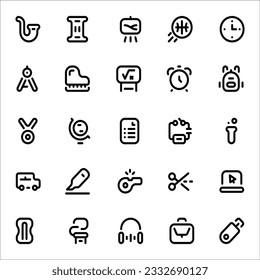 Collection of e-learning related line icons. Collection of vector line icons of education. Natural and mathematical science, additional education, tutorship, freelance. Set of flat signs and symbols.