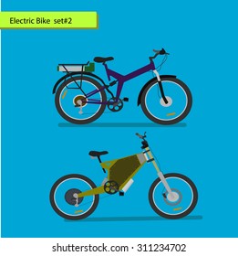 Collection of electric bikes . vector illustration on blue background.