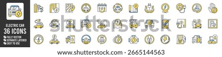 Collection of electric car icons featuring lightning bolts, leaves, charging stations, and maps in blue and yellow.