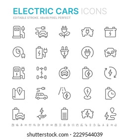 Collection of electric cars related outline icons. 48x48 Pixel Perfect. Editable stroke