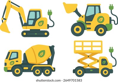 A collection of electric construction vehicles is showcased, featuring an excavator, a loader, a cement mixer, and a scissor lift, all set against a simple backdrop emphasizing sustainability.