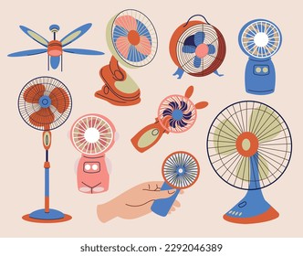 Collection of electric fans of various types isolated on a white background. Set of vector household electrical ventilation equipment. Vector illustration in flat cartoon style.