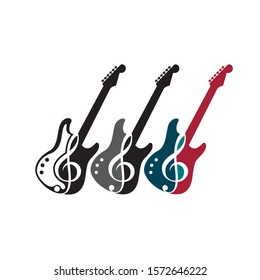 collection of electric guitars with treble clef isolated on white background