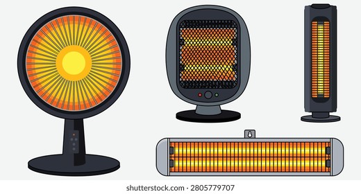 Collection of electric heating appliances designed for indoor warmth featuring modern thermal devices providing comfort temperature control and seasonal heating solutions for residential environments