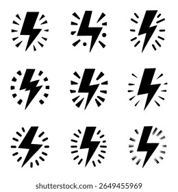 Collection of electric lightning bolt icons in various stylized designs