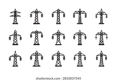Collection of electric power lines and transmission towers, electricity pylon, energy concept, electric mast.