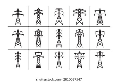 Collection of electric power lines and transmission towers, electricity pylon, energy concept, electric mast.