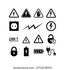 Collection of electrical hazard warning symbols and icons representing electricity and power safety measures