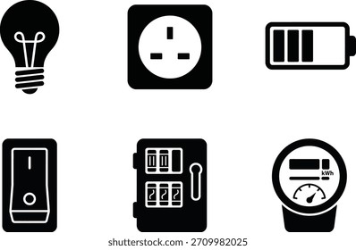 Una colección de íconos eléctricos que incluyen una bombilla, toma de corriente, batería, interruptor, caja de interruptores y medidor eléctrico, todo en un simple diseño en blanco y negro.
