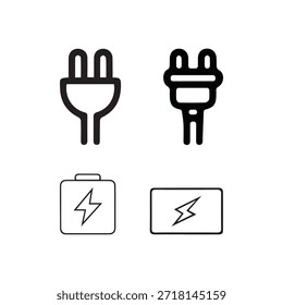 Kollektion von Icons für die Stromversorgung, einschließlich zweipoliger, dreipoliger Stecker und Ladebatterien Vector