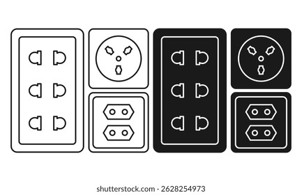 Collection of Electrical Sockets with Various Types Flat Black and Outline Style. Power Connection Outlet Icons.