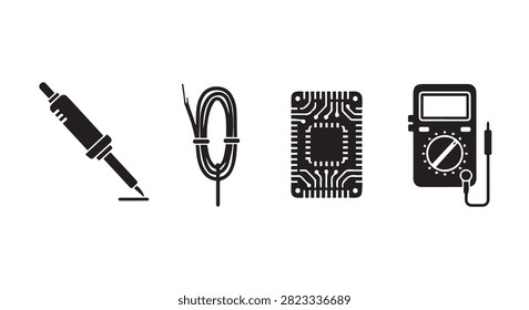 Collection of electronic components and diagnostic tools including a soldering iron, wire, microchip, and multimeter for electronic repair and testing.