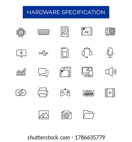 Collection of electronic device hardware icons. Appropriate for the design elements of the hardware specification information of a computer, laptop, smartphone and tablet. Hardware line icon.