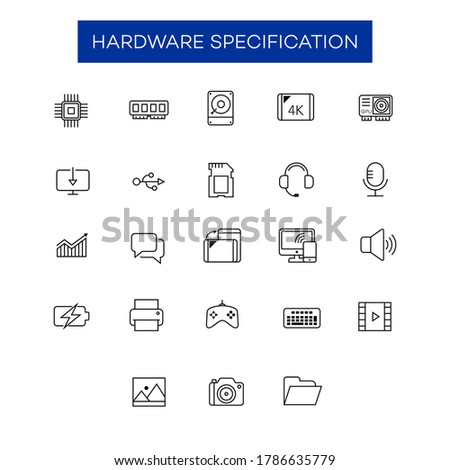 Collection of electronic device hardware icons. Appropriate for the design elements of the hardware specification information of a computer, laptop, smartphone and tablet. Hardware line icon.