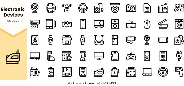 Uma coleção de ícones de dispositivos eletrônicos com vários gadgets e aparelhos, projetados em um estilo minimalista. Ideal para projetos relacionados à tecnologia.