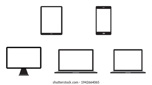 Collection of electronic devices of desktop computer, laptop, tablet and mobile phone on a white background - Vector Illustration