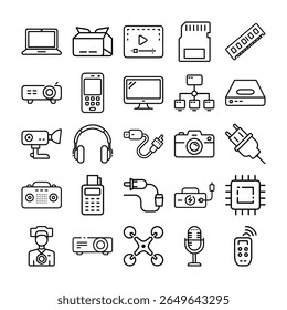 A collection of electronic devices and gadgets are displayed in a clean, minimalist outline style against a white background.