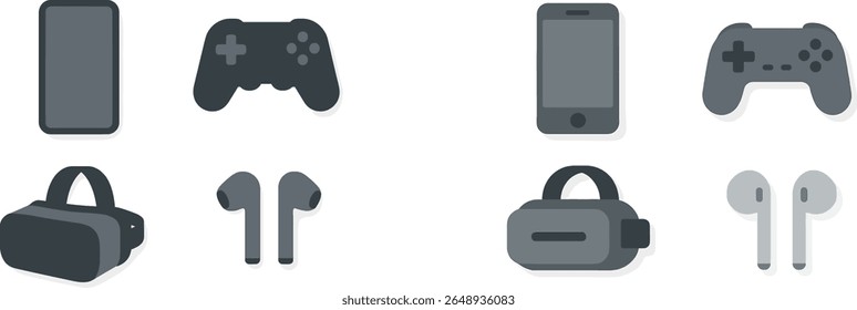 Collection of electronic devices including game controllers, headphones, VR headset, smartphone, and tablet arranged in a clean, minimalist style. Each item represents the latest tech trends.