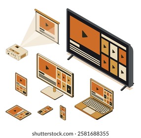 A collection of electronic devices, including a projector, laptop, and multiple screens, displaying media content in a tech-savvy workspace. Ideal for presentations and entertainment.