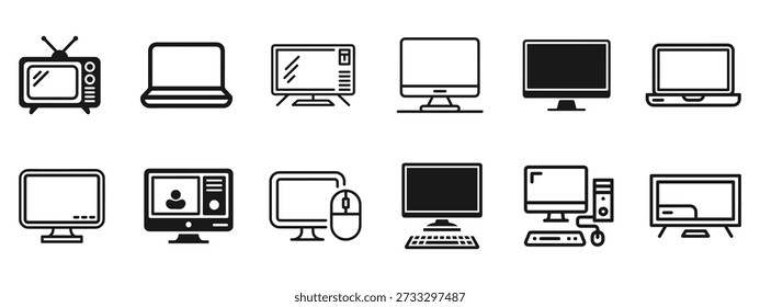 Collection of electronic devices including a vintage television, laptops, desktop monitors, and computer systems, presented as clean, minimalist line art icons.