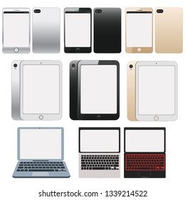 The collection of Electronic Devices with White Screens - Electronic devices with white, shiny screens isolated desktop computer, laptop, tablet and mobile phones.